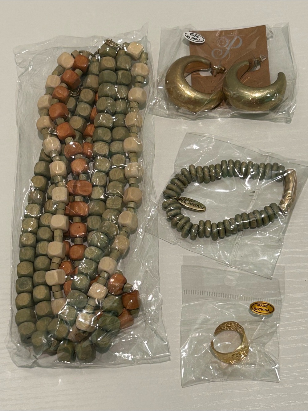 Plunder NWT Boho Jewelry Bundle Wood Bead Necklace Bracelet Earrings Ring Set